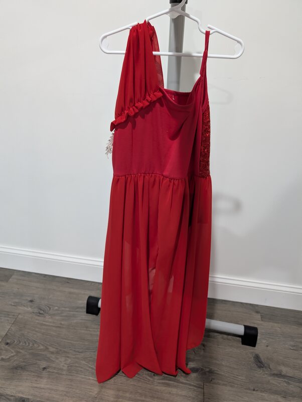 Red Asymmetrical Dance Costume with Sequins and Floral Appliqués