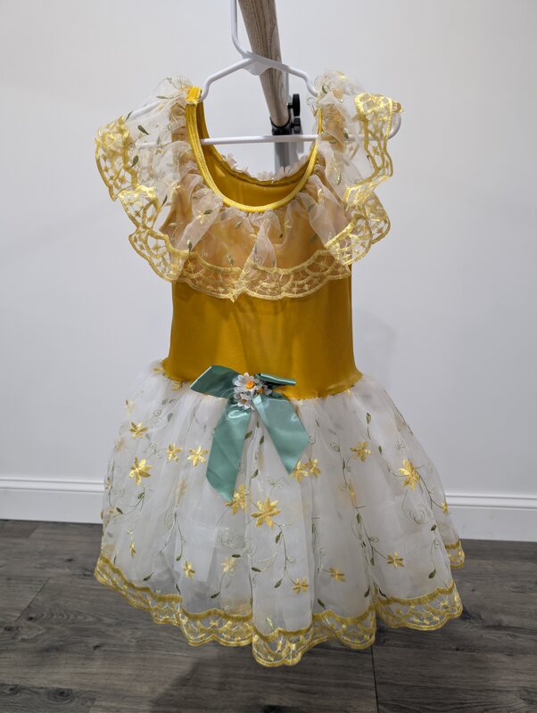 Yellow Floral Dance Costume with Lace Collar and Bow, Child CM
