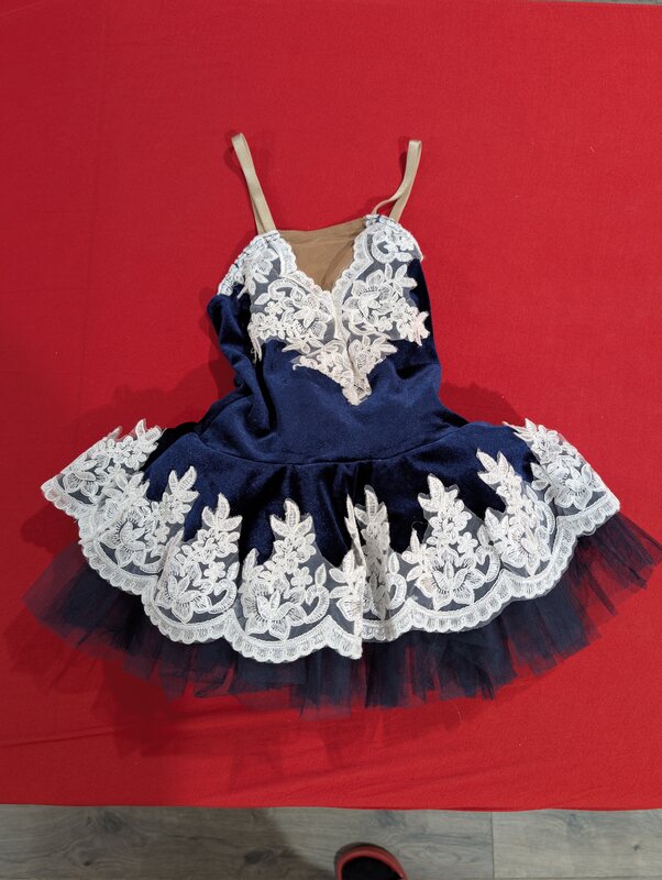 Navy Velvet Tutu Dress with White Lace Trim