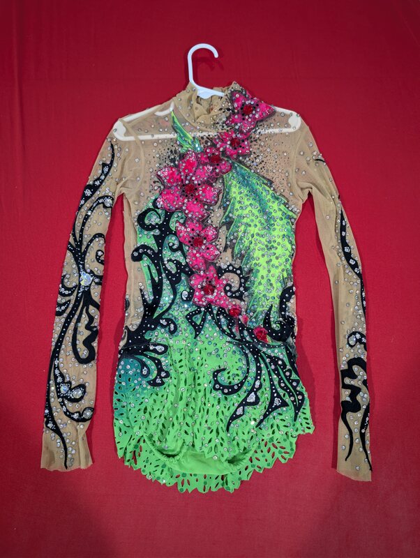 Embellished Long-Sleeve Performance Costume with Green and Pink Details
