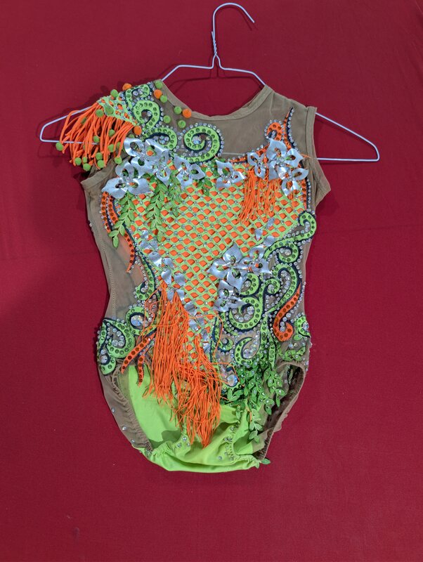 Embellished Rhythmic Gymnastics Leotard with Orange Fringe