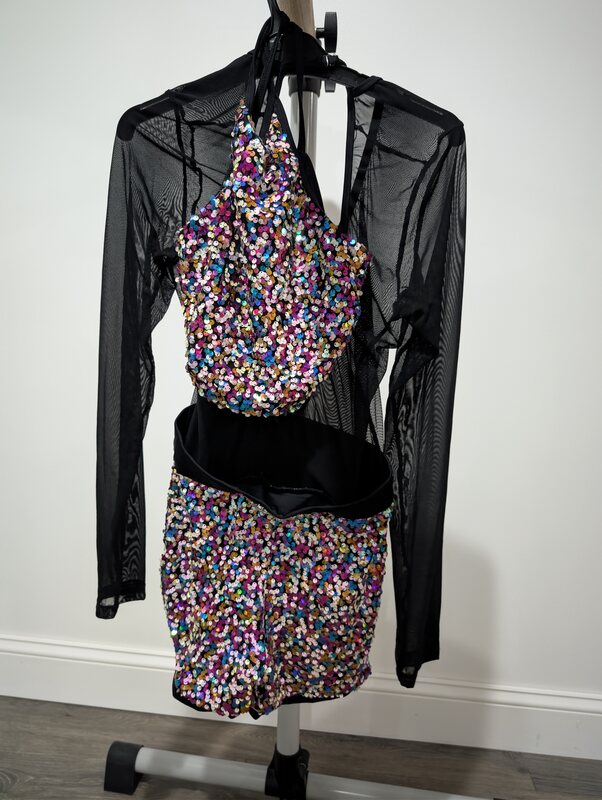 Black Sheer Long-Sleeve Dance Costume with Sequin Shorts and Top