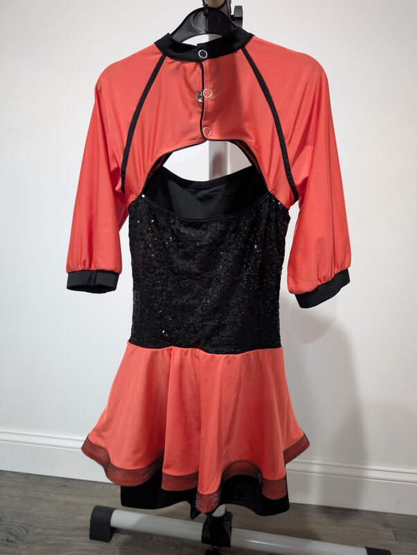 Coral and Black Sequin Dance Costume with Shrug and Shorts, Size SA
