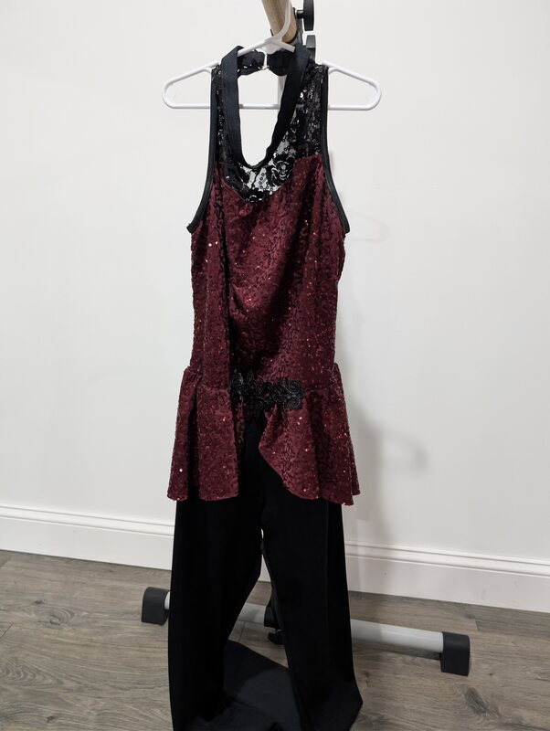 Weissman Burgundy Sequin Peplum Dance Costume with Black Pants, Large